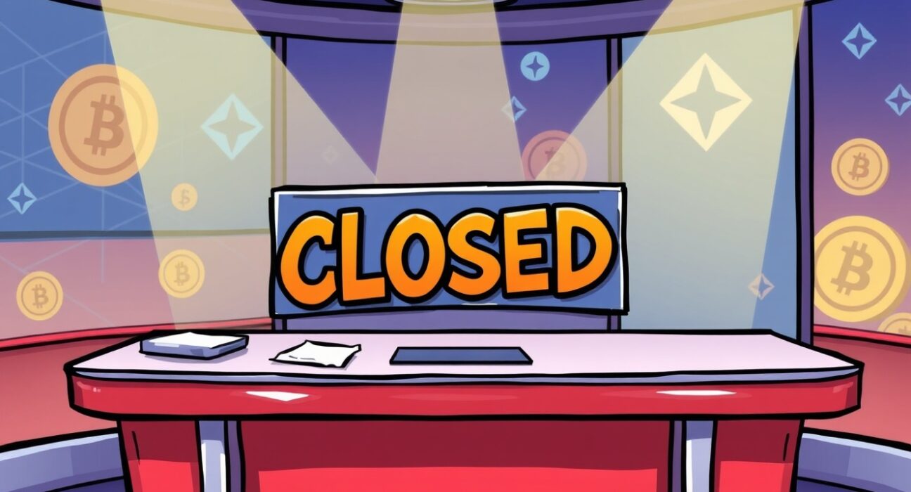 Cartoon illustration of a news desk with a 'closed' sign, symbolizing the Blockworks news business shutting down.