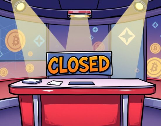 Cartoon illustration of a news desk with a 'closed' sign, symbolizing the Blockworks news business shutting down.