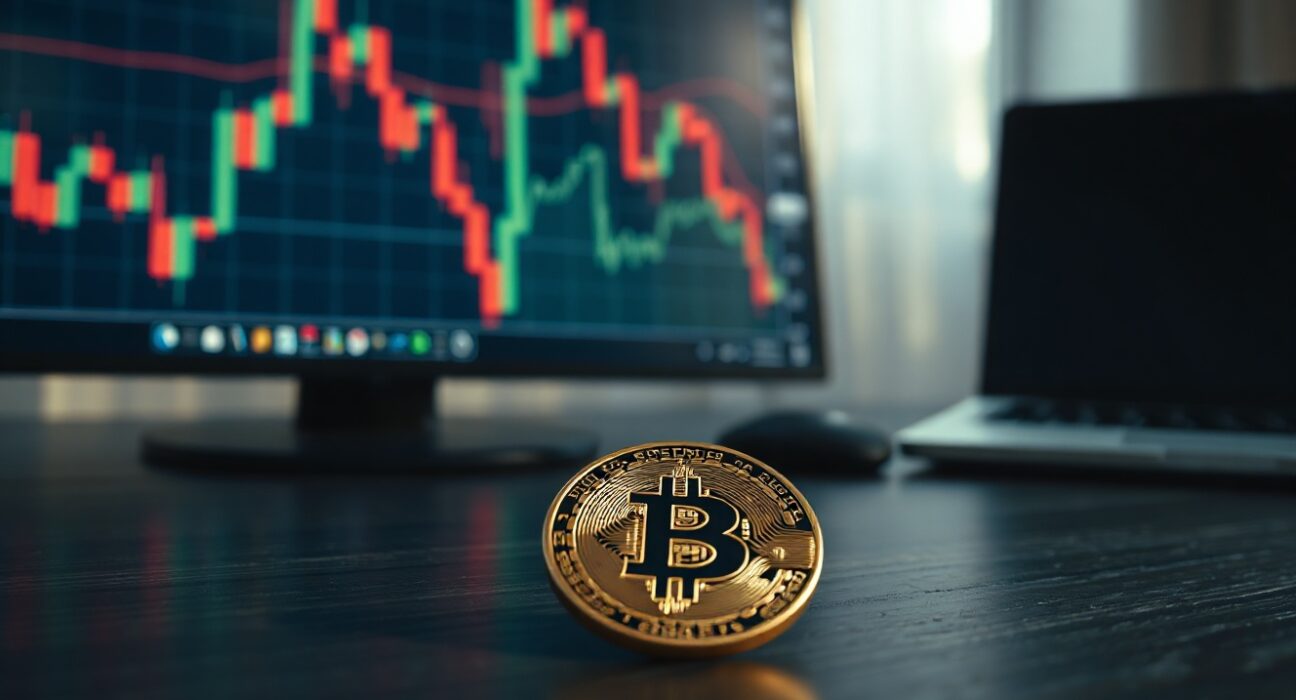 Bitcoin coin on wooden surface with blurred stock chart showing downtrend