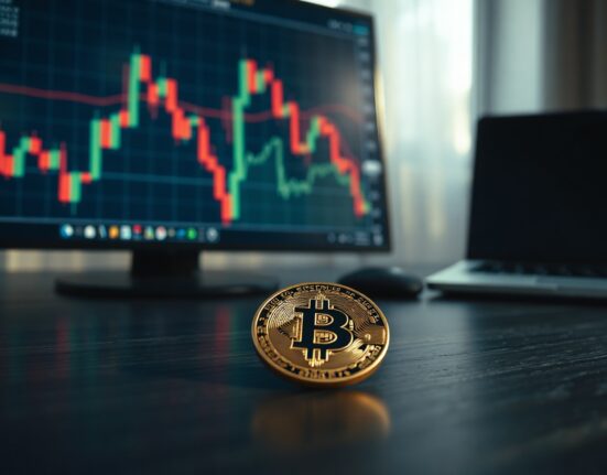 Bitcoin coin on wooden surface with blurred stock chart showing downtrend