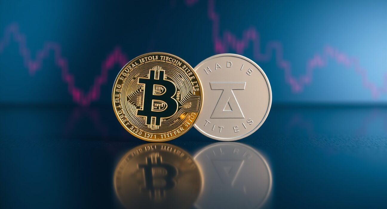 Bitcoin and Tether tokens side by side with a downward trend graph in the background
