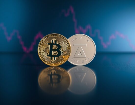 Bitcoin and Tether tokens side by side with a downward trend graph in the background