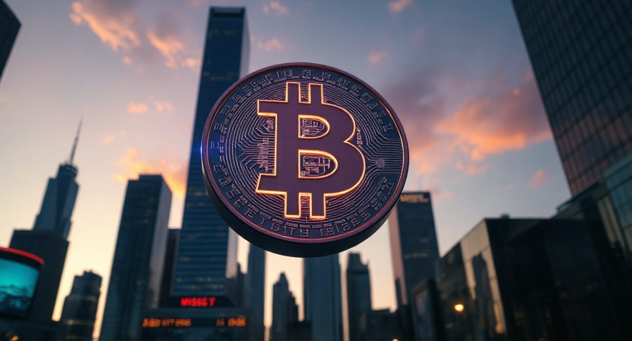 Digital dollar coin symbol hovering over a financial district skyline at dusk, representing stablecoin risk.