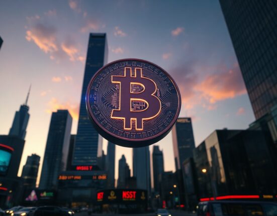 Digital dollar coin symbol hovering over a financial district skyline at dusk, representing stablecoin risk.