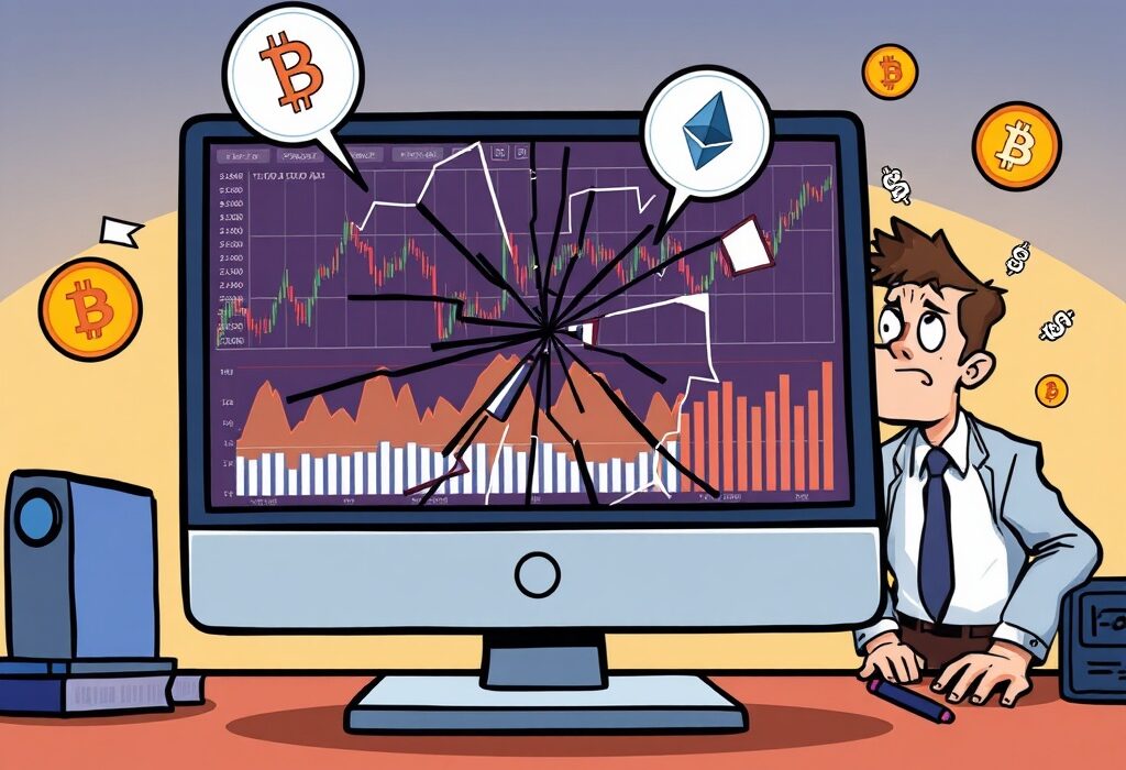 Cartoon illustration showing the impact of a BLS data error on financial markets, including cryptocurrency.