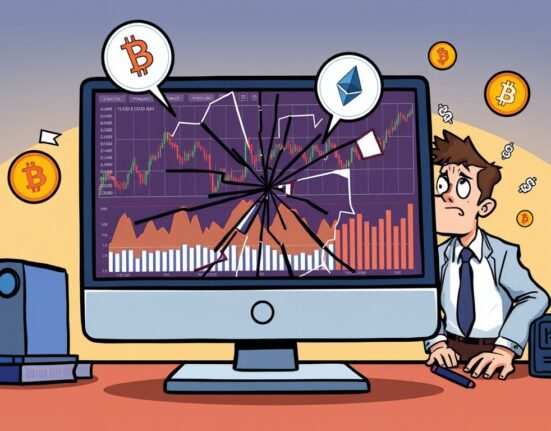 Cartoon illustration showing the impact of a BLS data error on financial markets, including cryptocurrency.