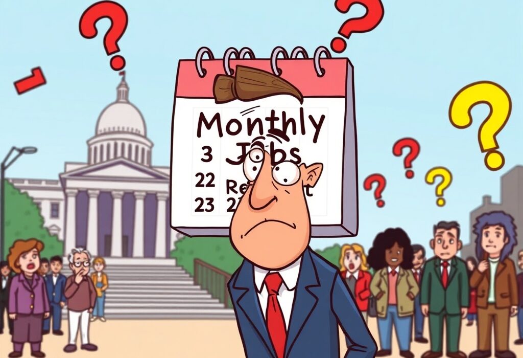 A cartoon illustration showing the potential impact of a BLS nominee's suggestion on monthly jobs reports and economic data.