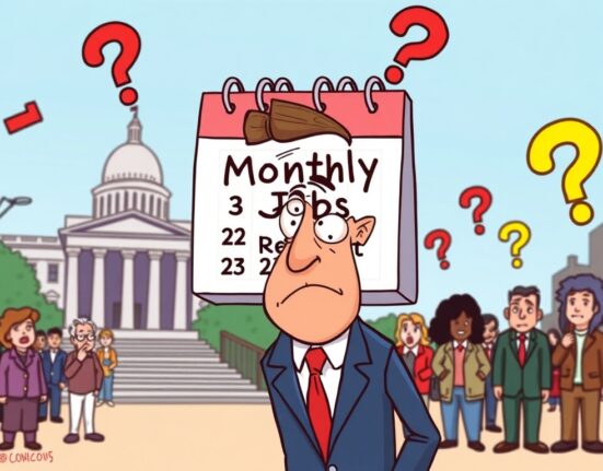 A cartoon illustration showing the potential impact of a BLS nominee's suggestion on monthly jobs reports and economic data.