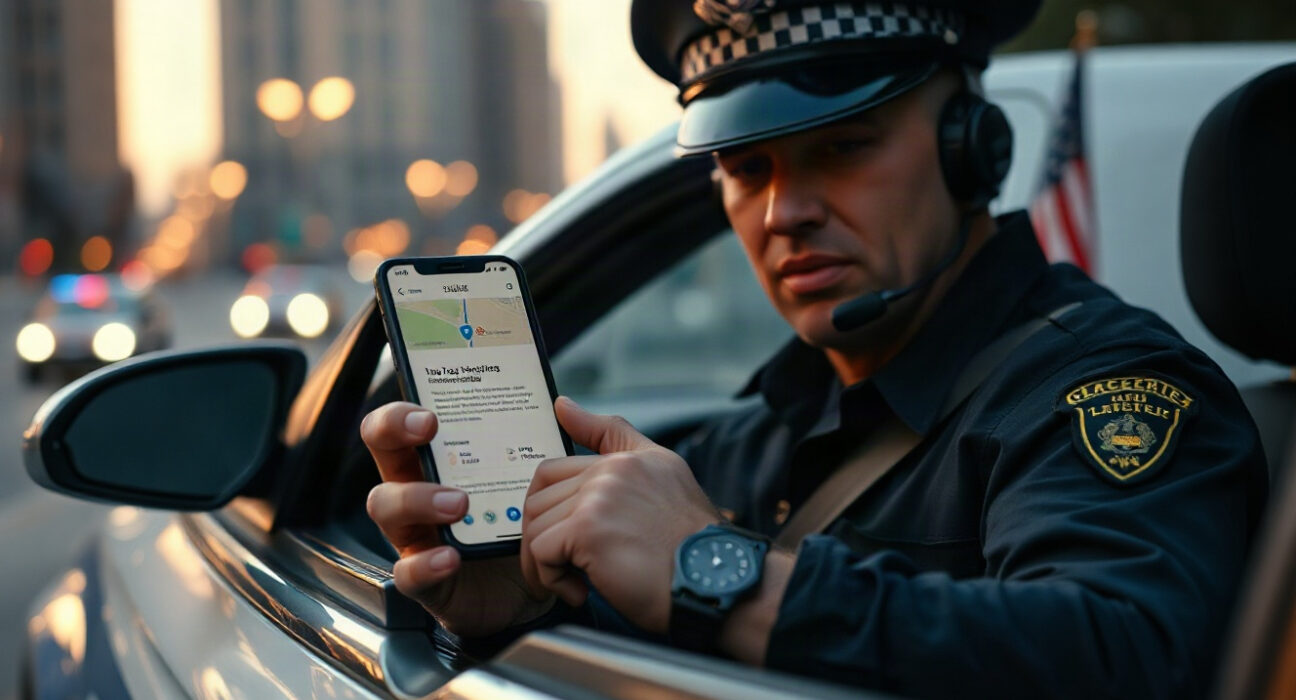 Police officer using Blue Voice AI app on smartphone in patrol car at dusk
