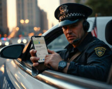 Police officer using Blue Voice AI app on smartphone in patrol car at dusk