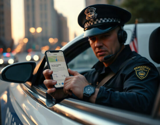 Police officer using Blue Voice AI app on smartphone in patrol car at dusk