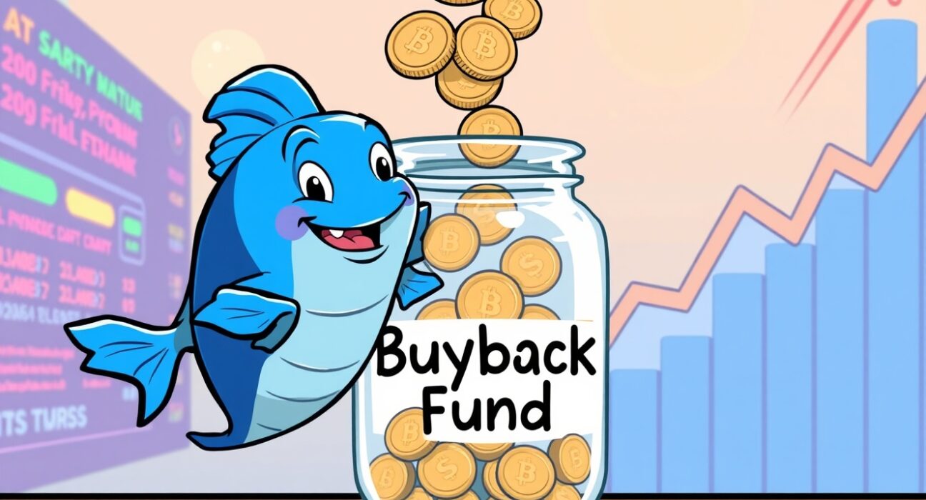 A cartoon blue fin fish character initiating the Bluefin buyback program, symbolizing growth and value for the ecosystem.