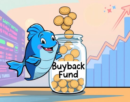 A cartoon blue fin fish character initiating the Bluefin buyback program, symbolizing growth and value for the ecosystem.