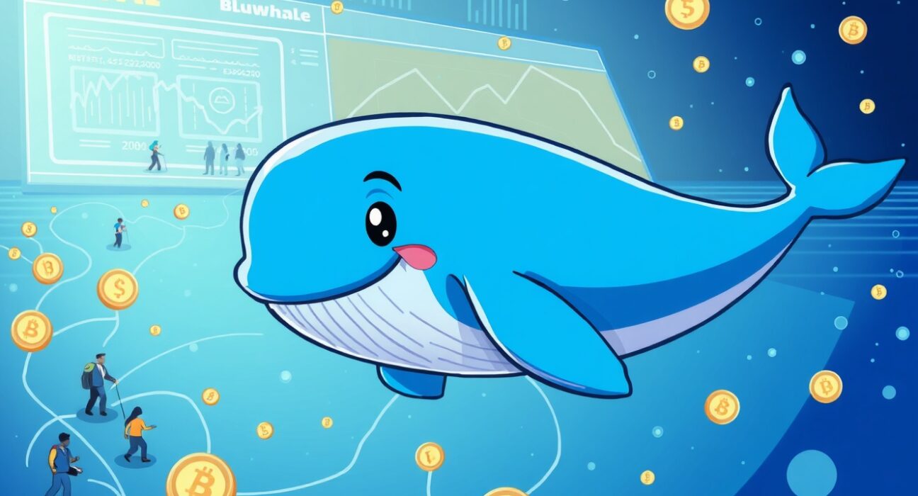 A cartoon whale interacting with digital data streams and an exchange interface, symbolizing the innovative Bluwhale (BLUAI) decentralized AI network listing on HTX.