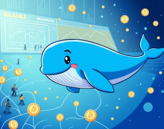 A cartoon whale interacting with digital data streams and an exchange interface, symbolizing the innovative Bluwhale (BLUAI) decentralized AI network listing on HTX.