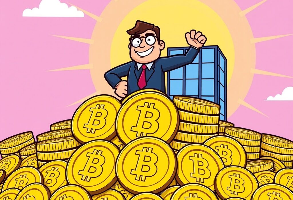 Cartoon illustration showing a confident corporate figure overseeing a massive BNB acquisition, symbolizing strategic growth in digital assets.