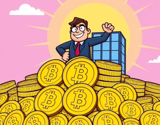 Cartoon illustration showing a confident corporate figure overseeing a massive BNB acquisition, symbolizing strategic growth in digital assets.