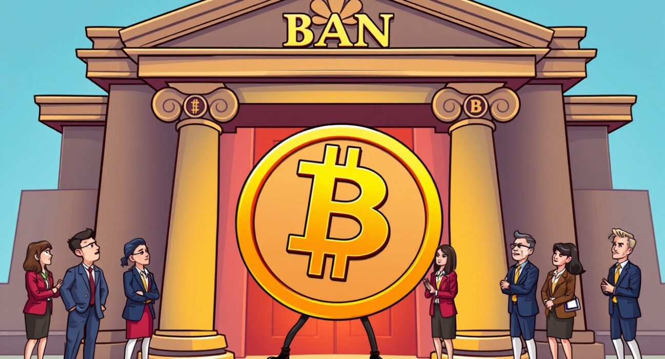 A cartoon image showing a BNB coin entering a bank, representing the growing trend of BNB adoption in traditional finance.