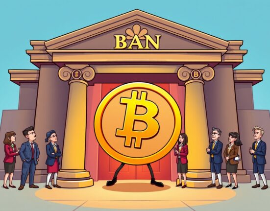 A cartoon image showing a BNB coin entering a bank, representing the growing trend of BNB adoption in traditional finance.
