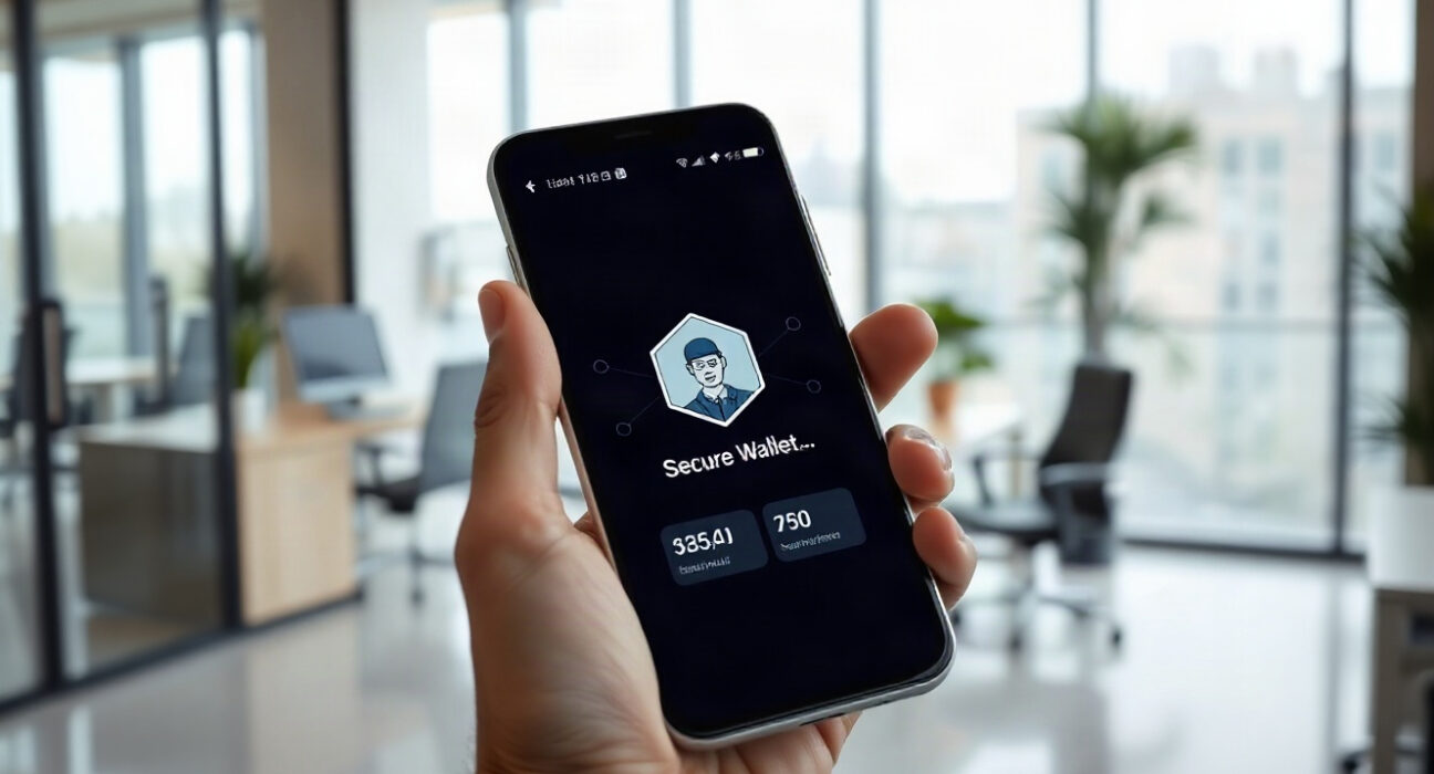 Hand holding smartphone displaying AI agent wallet interface with blockchain network background