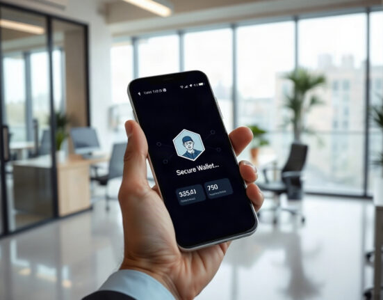 Hand holding smartphone displaying AI agent wallet interface with blockchain network background