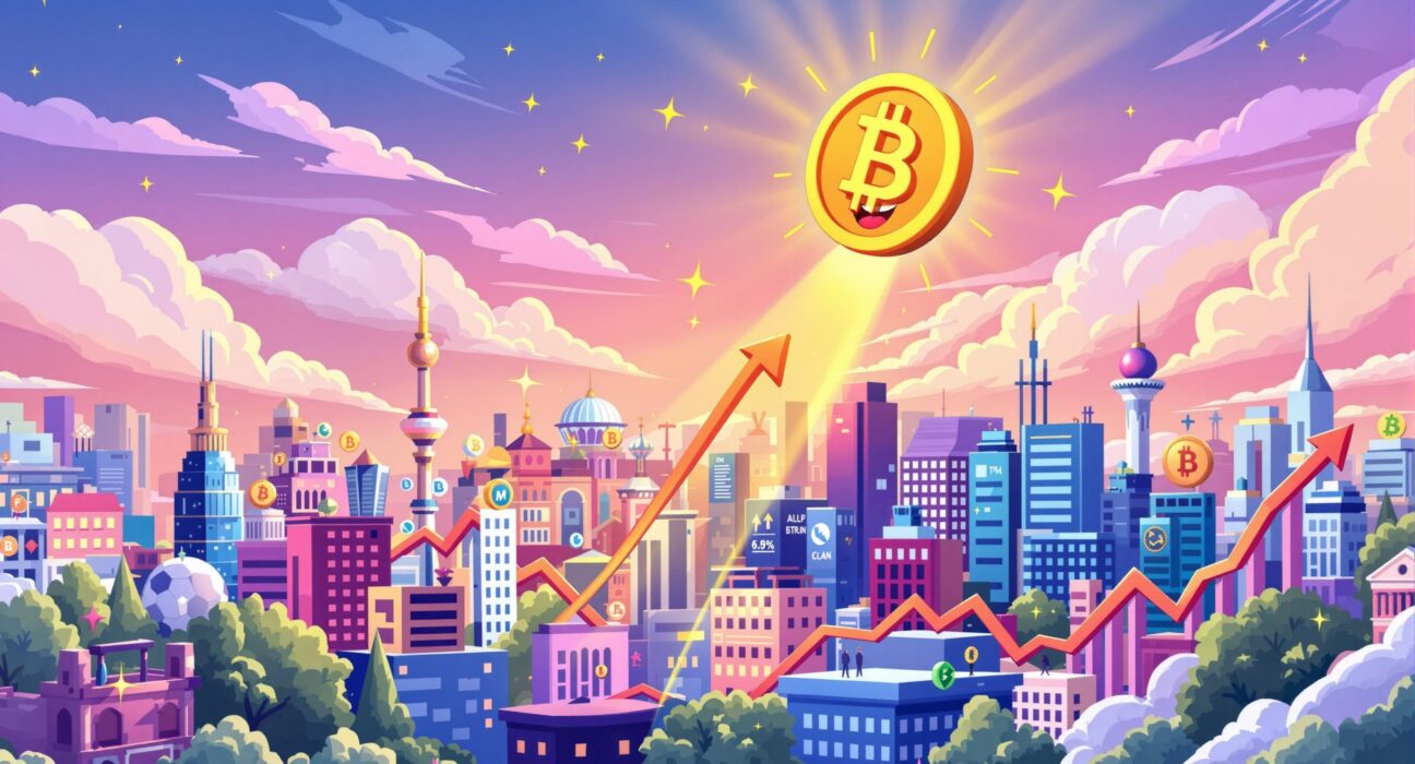 Cartoon illustration showing a BNB coin triumphantly soaring, representing its all-time high achievement and market success.