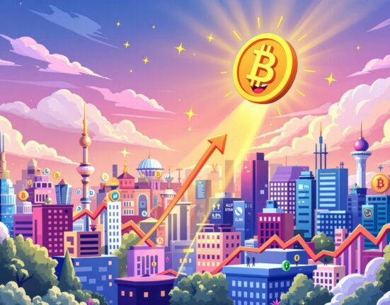 Cartoon illustration showing a BNB coin triumphantly soaring, representing its all-time high achievement and market success.
