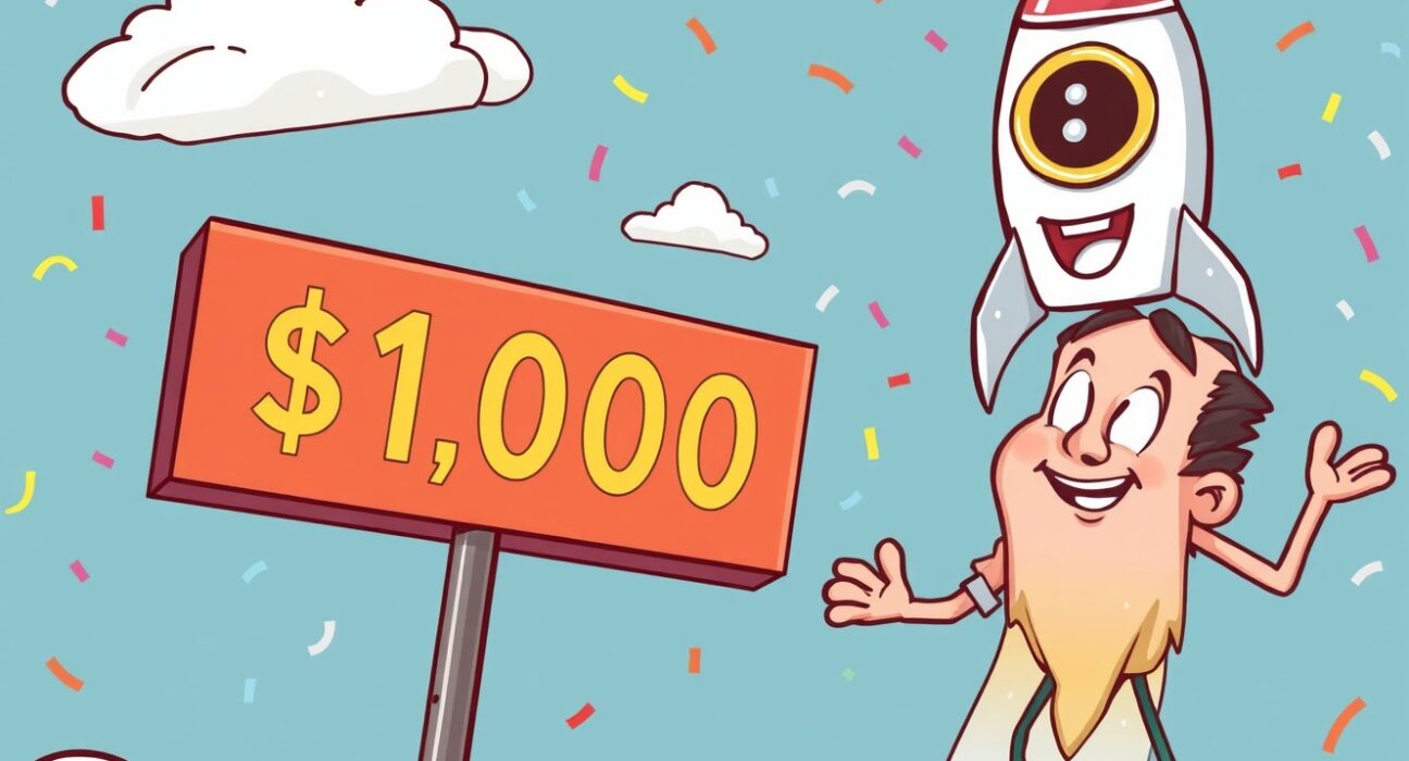 A cartoon illustration of BNB token price reaching a monumental BNB all-time high, symbolizing its incredible surge past $1,000.