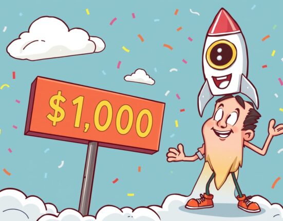 A cartoon illustration of BNB token price reaching a monumental BNB all-time high, symbolizing its incredible surge past $1,000.