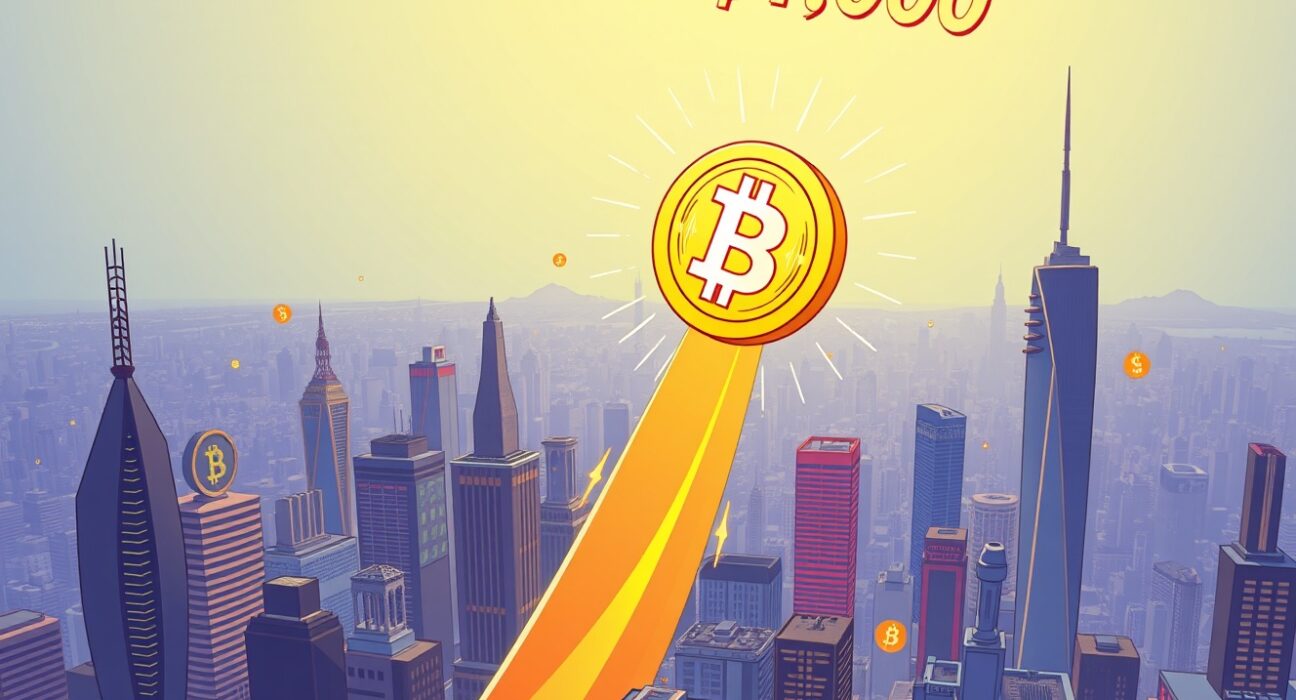 Cartoon illustration of a BNB coin soaring to an unprecedented BNB all-time high, symbolizing market growth and investor excitement.