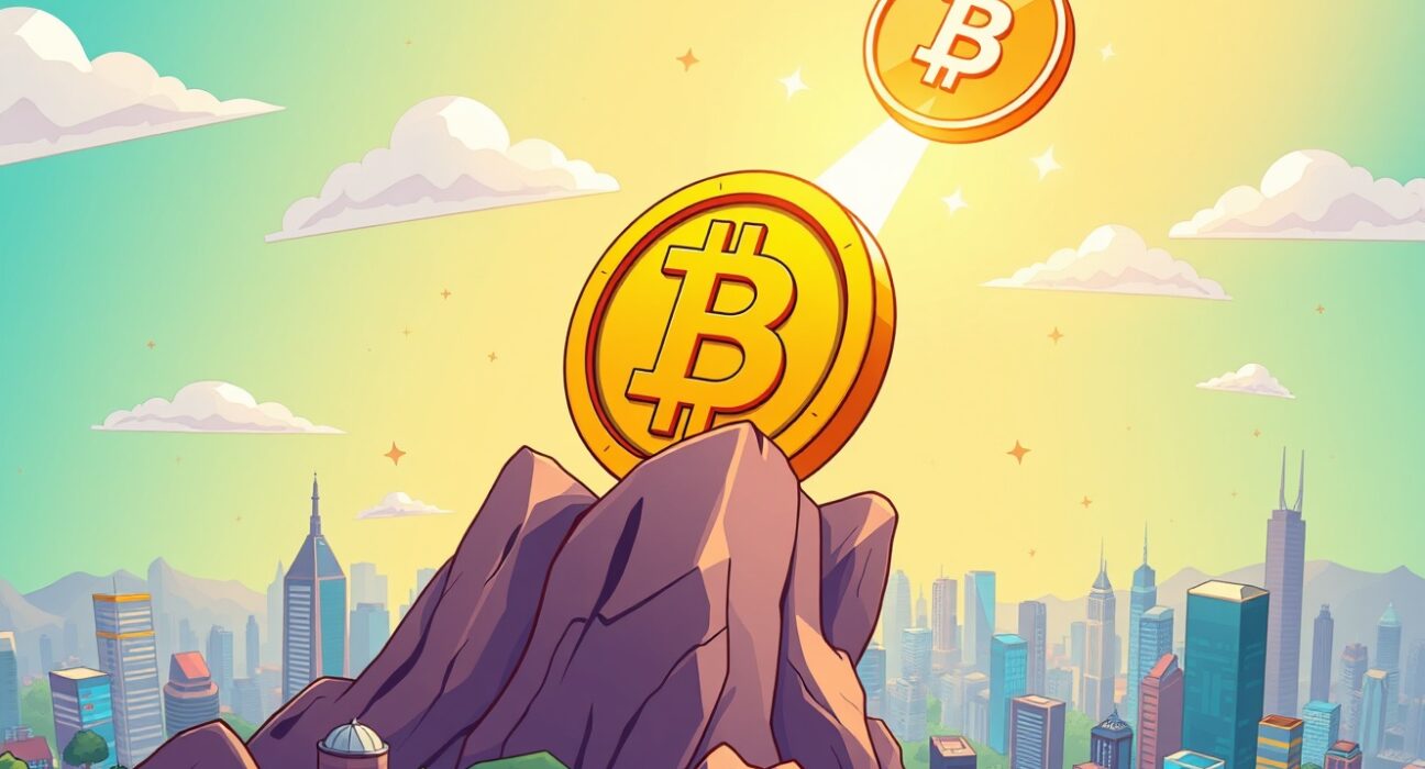 A triumphant BNB coin soaring above charts, symbolizing its BNB all-time high and market growth.