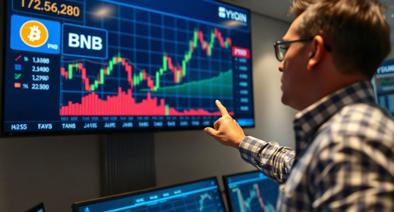 Analyst reviewing cryptocurrency price charts for Bitcoin, BNB, and PUMP on a trading screen