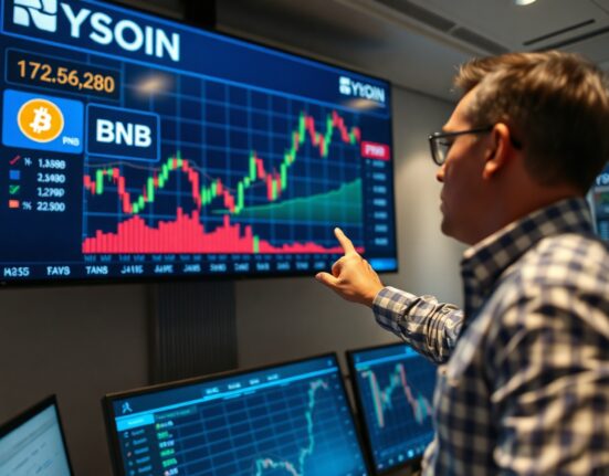 Analyst reviewing cryptocurrency price charts for Bitcoin, BNB, and PUMP on a trading screen