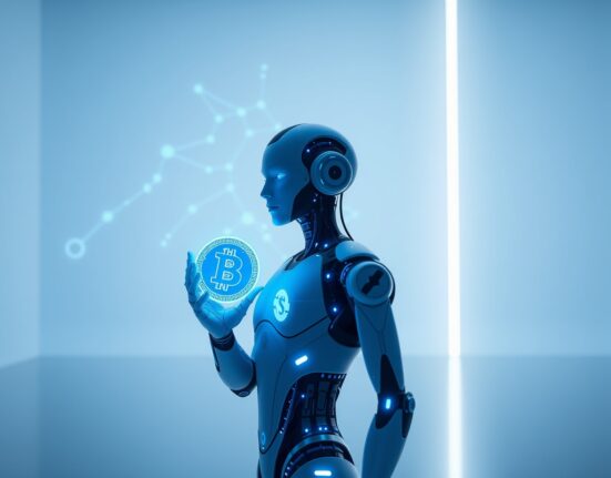 AI agent holding a BNB token in a futuristic blockchain environment