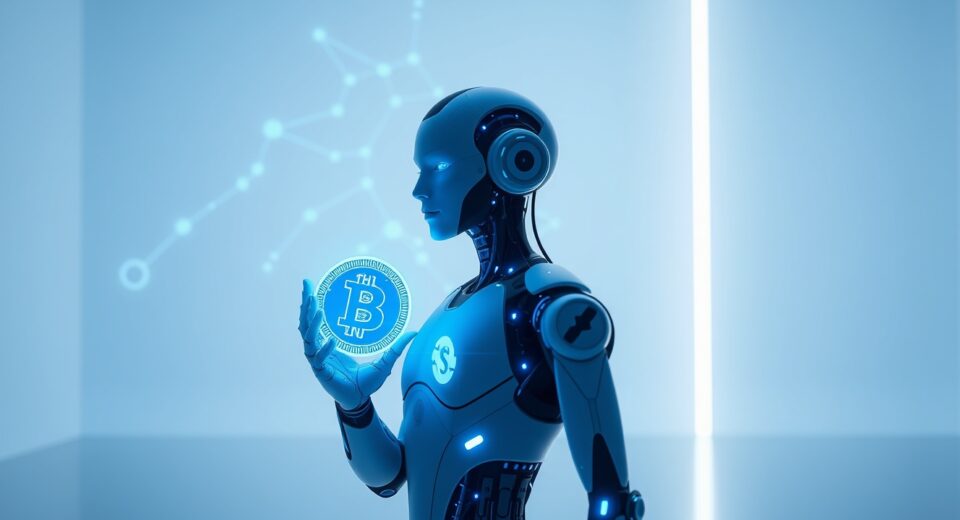 AI agent holding a BNB token in a futuristic blockchain environment