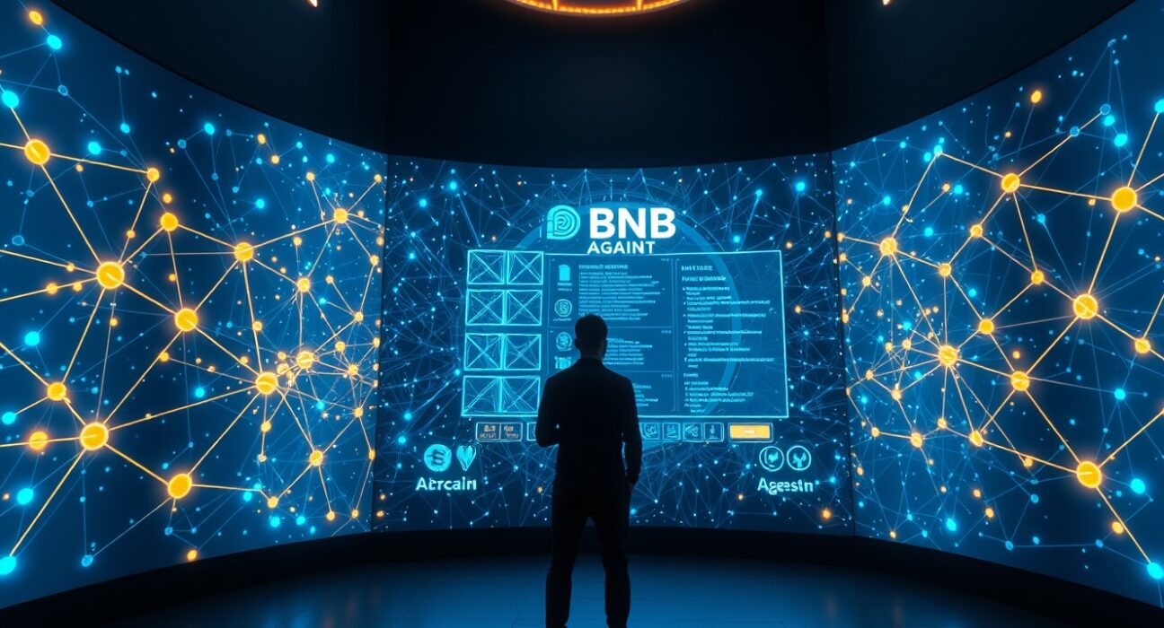 BNB Chain network visualization with AI agent interface and developer silhouette