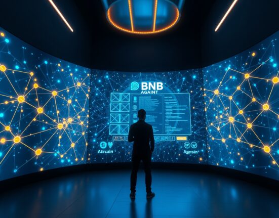 BNB Chain network visualization with AI agent interface and developer silhouette
