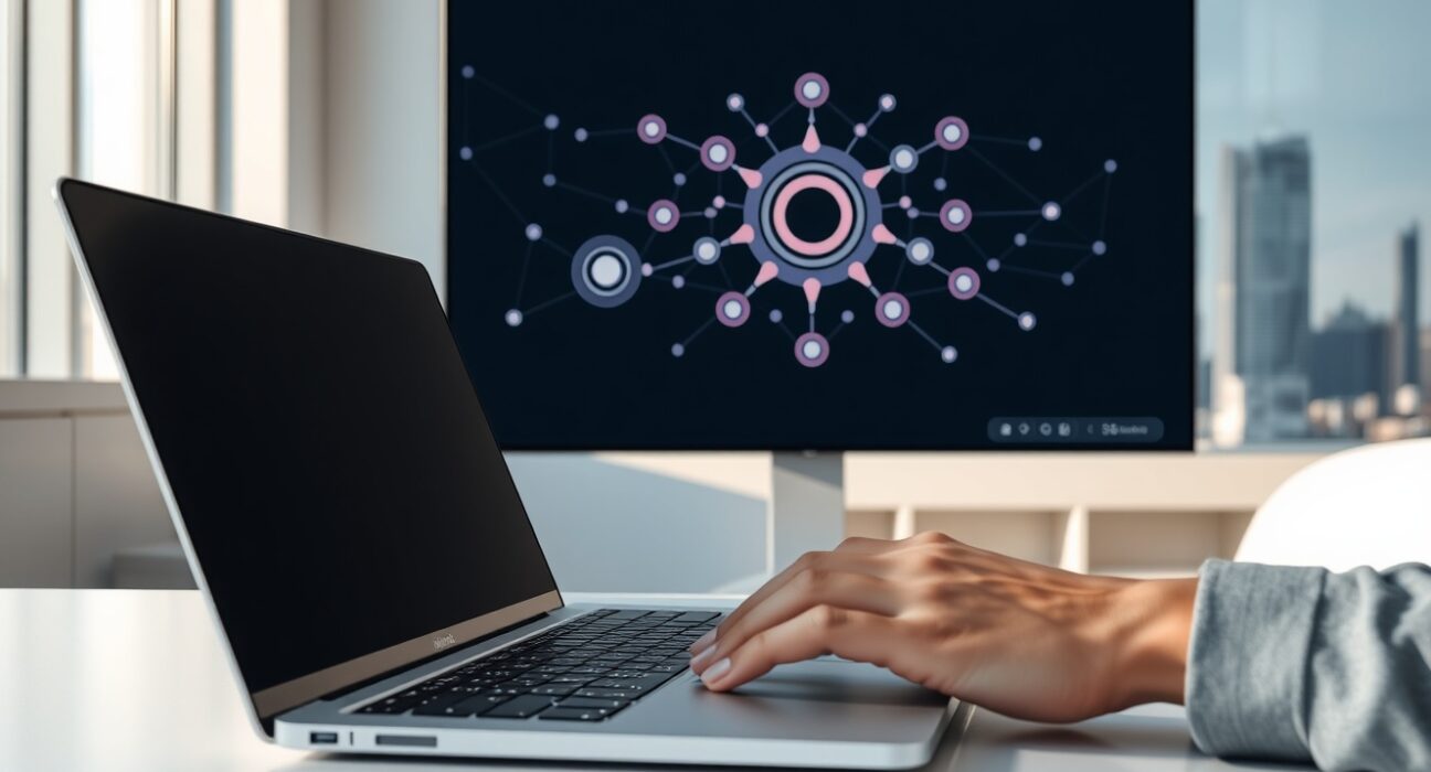 Developer working on AI agent platform with blockchain network diagram on screen