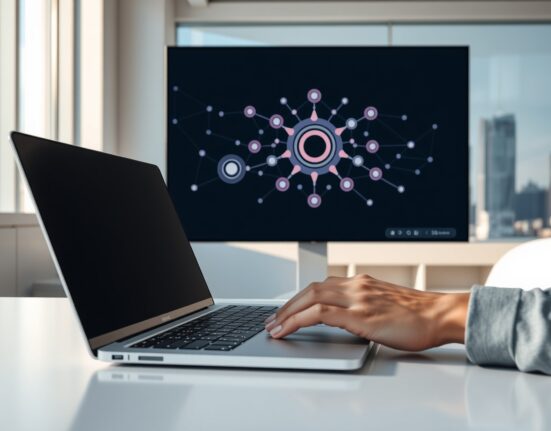 Developer working on AI agent platform with blockchain network diagram on screen