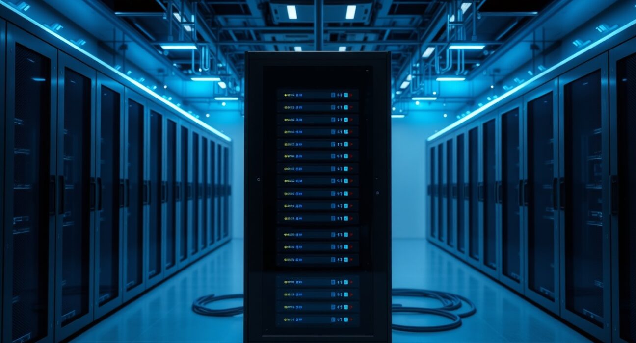 Modern data center with glowing server racks representing blockchain and AI infrastructure