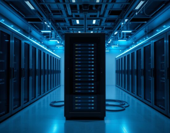 Modern data center with glowing server racks representing blockchain and AI infrastructure