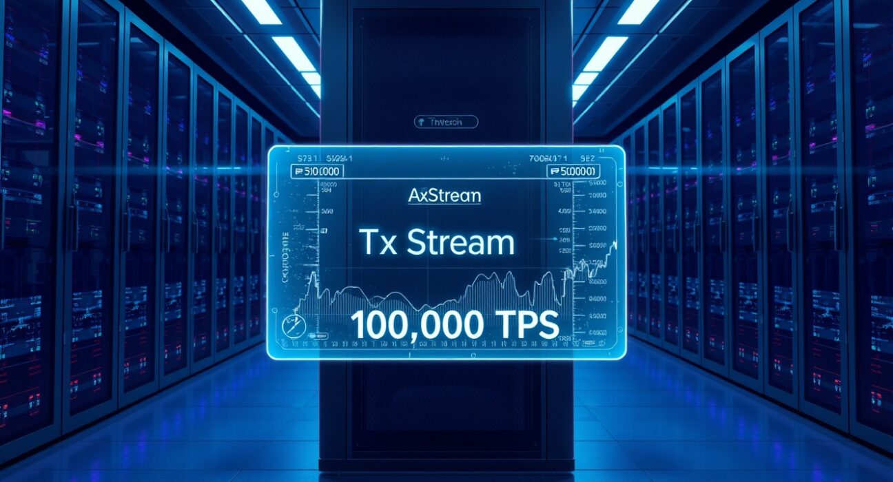 Futuristic data center with holographic display showing AI trading streams on BNB Chain