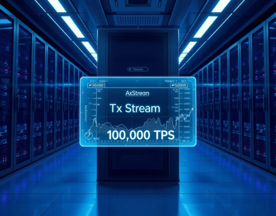 Futuristic data center with holographic display showing AI trading streams on BNB Chain