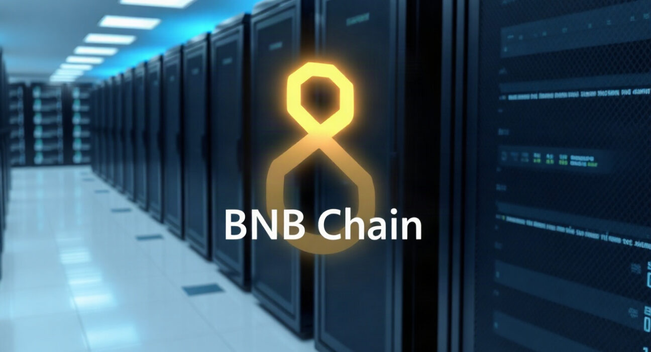 BNB Chain network upgrade concept with glowing blockchain nodes in a data center