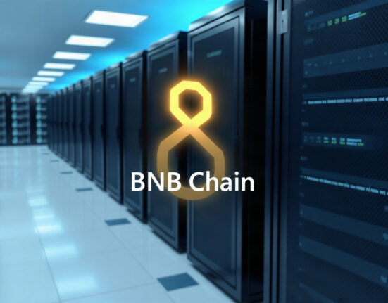 BNB Chain network upgrade concept with glowing blockchain nodes in a data center