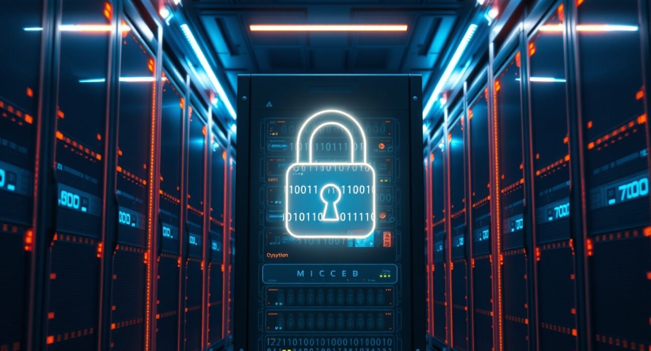 Futuristic data center server with holographic padlock representing quantum-resistant blockchain security.