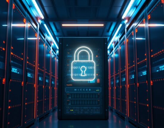Futuristic data center server with holographic padlock representing quantum-resistant blockchain security.