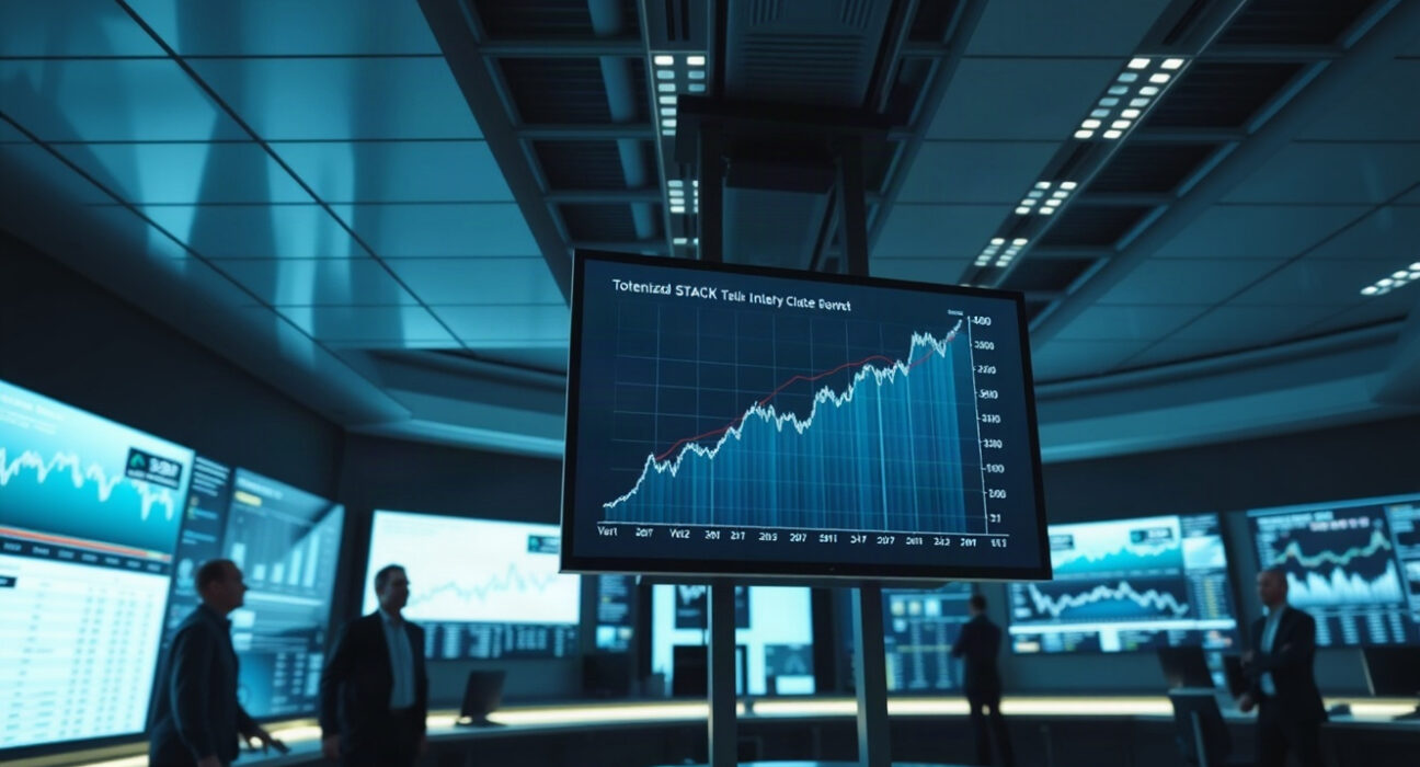Analysts monitoring blockchain-based stock trading screens on a modern trading floor
