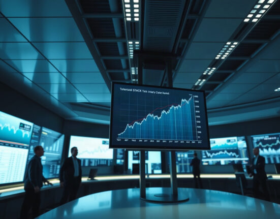 Analysts monitoring blockchain-based stock trading screens on a modern trading floor