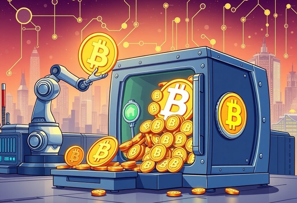 Cartoon illustration showing Nano Labs' strategic expansion of BNB holdings, with BNB coins filling a vault, symbolizing significant crypto investment growth.